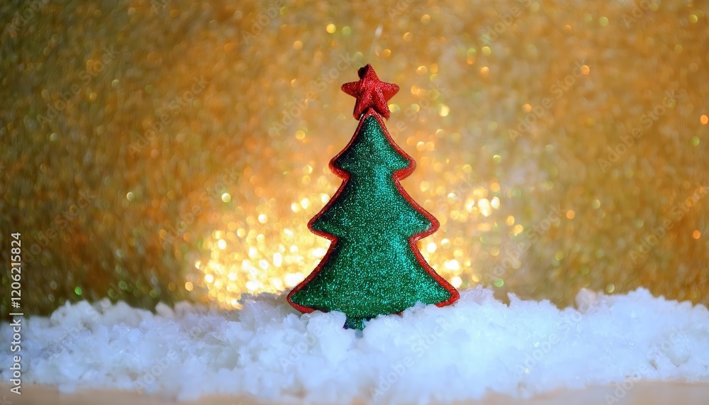 Poster minimalist glittering christmas tree decoration with red star on golden bokeh background and artific