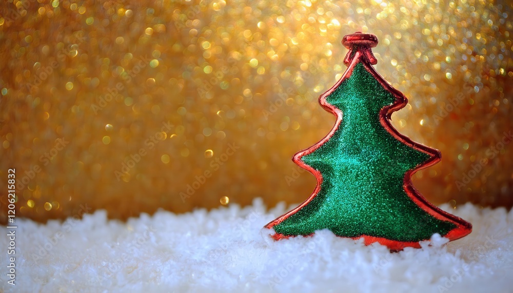 Poster minimalist glittering christmas tree decoration with red star on golden bokeh background and artific