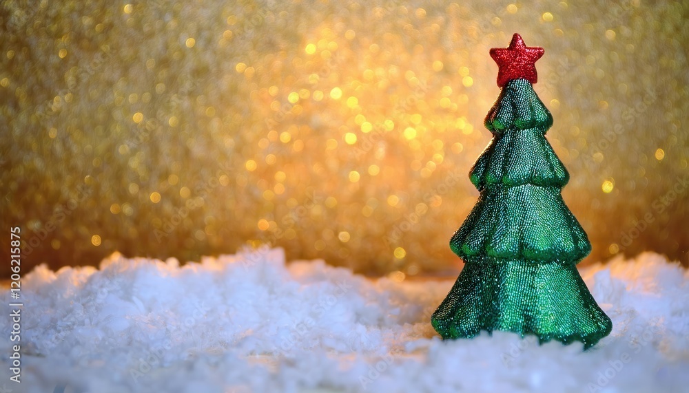 Poster minimalist glittering christmas tree decoration with red star on golden bokeh background and artific
