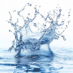 An image capturing a crystal-clear water splash with intricate droplets, representing purity, freshness, and the dynamic beauty of liquid in motion.