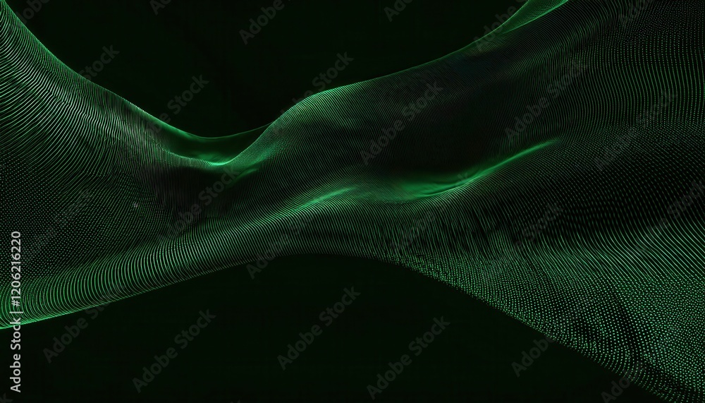 Poster dynamic green particle wave in dark space, digital flowing motion, abstract energy pattern for technology or design themes