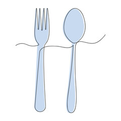 Fork and spoon in one continuous line in color. One line drawing, minimalism. Vector illustration.