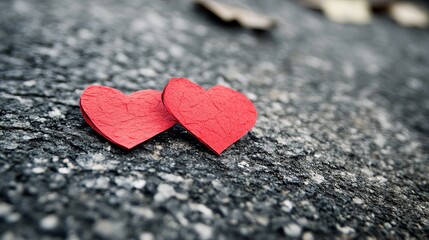 Fototapeta premium Two Red Paper Hearts Romantic Love Symbolism Valentines Day Decoration Passionate Affectionate Tenderness Relationship Intimacy Closeup View Texture Background 