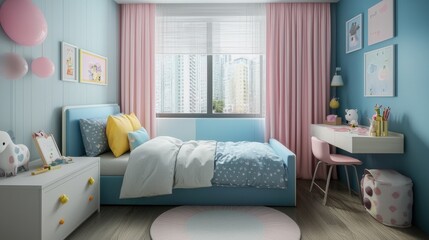 A girl's bedroom with a light blue bed, pink curtains, and pastel-colored decor. The room features a desk and storage.