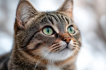 Obraz premium This is a romantic and emotional close-up photo of the face of a cute pet American Shorthair cat looking at something on a blurry background.