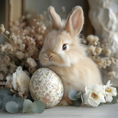 Fluffy Pet Rabbit with Eucalyptus, Natural Flowers and Elegant Easter Egg - Generative AI