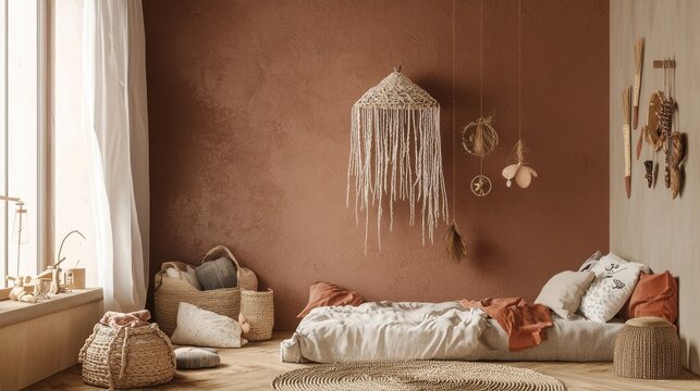Cozy bedroom with terracotta walls,  a linen bed, and woven wall hangings. The space is decorated in a bohemian style with natural textures and neutral colors.