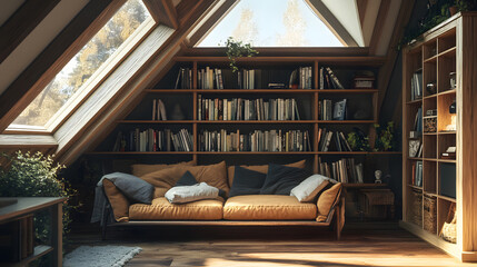 Bookshelves lining wooden attic space with soft lighting.