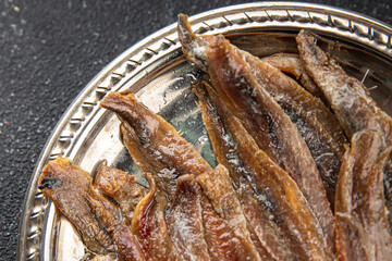 Anchovy fillet fish seafood snack aperitif fresh tasty food dish gourmet food background on the table rustic food top view copy space pescetarian diet