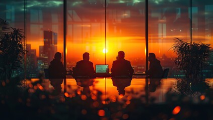 Silhouettes of Business People Meeting at Sunset