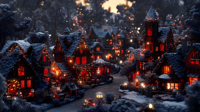 Dark christmas village scene with red highlights, 3d illustration. Whimsical Market. Illustration