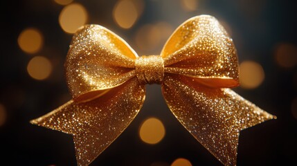 Sparkling gold bow adorns a festive setting filled with warm glowing lights and a sense of celebration