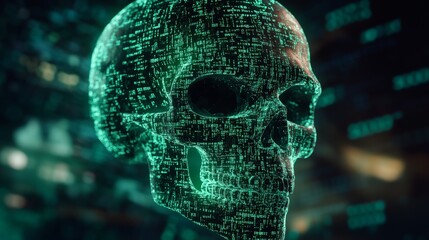 A digital skull composed of green binary code, symbolizing themes like technology and cybersecurity with a futuristic and digital art style.