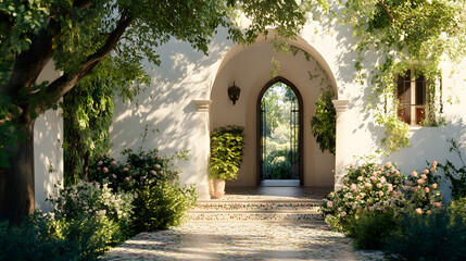 Serene villa entrance with an arched doorway and lush plants.