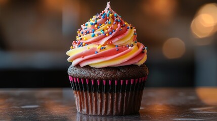 A delicious chocolate cupcake topped with pink, yellow, and white swirled frosting, sprinkled with colorful dots, creating a cheerful and tasty treat.
