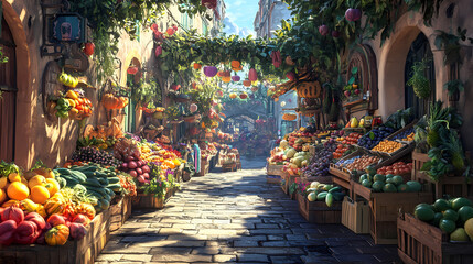 Obraz premium Vibrant fantasy market scene with floating plants, colorful produce, and whimsical architecture. ideal for game design, illustration, or fantasy settings. Whimsical Market. Illustration