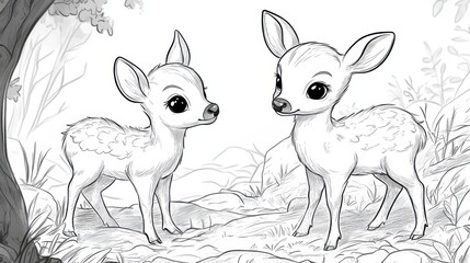 Two adorable fawns playing together in a serene forest setting waiting to be brought to life with colors