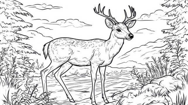 Majestic deer standing gracefully in a tranquil woodland landscape ready for coloring adventure