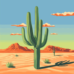Desert Landscape with Cactus and Mountains Illustration
