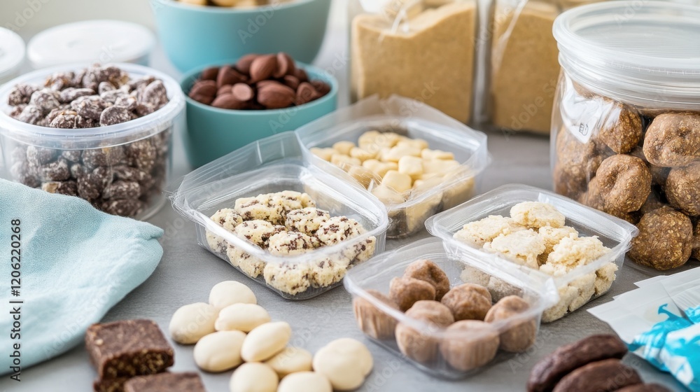 Poster assorted homemade snacks displayed in containers on a kitchen counter with soft lighting