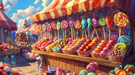 Fototapeta premium Whimsical market candy stall featuring rainbow lollipops caramel apples in a lively setting. Whimsical Market. Illustration