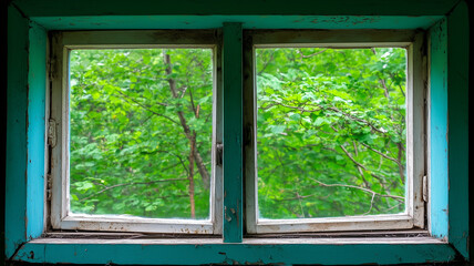 Fototapeta premium Old wooden window with a view of green foliage