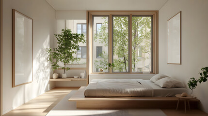 Fototapeta premium Peaceful bedroom with warm wooden elements.