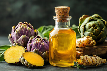in the middle there is a bottle of product on the table, next to artichokes, milk thistle, artichokes, turmeric slices