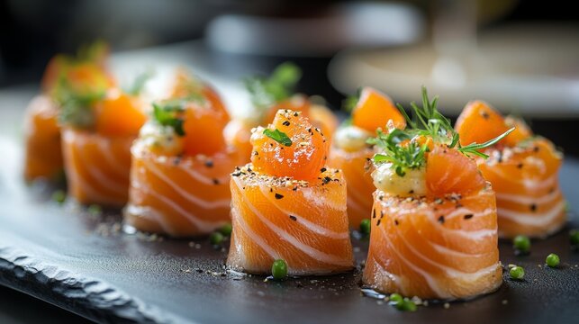 Beautifully crafted salmon sushi rolls garnished with fresh herbs and spices, artfully presented on a slate plate, exemplifying culinary excellence and aesthetic appeal.