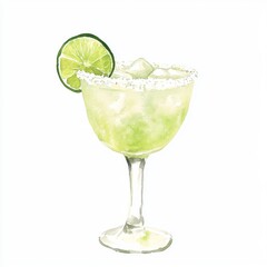Watercolor painting of a Margarita cocktail with a lime wedge, designed to represent the concept of a refreshing drink