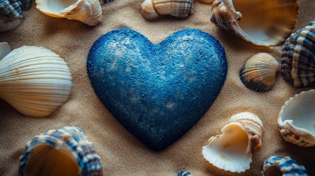 A blue heart-shaped stone is elegantly placed among a collection of seashells on a sandy beach, symbolizing love, tranquility, and connection with nature and sea.