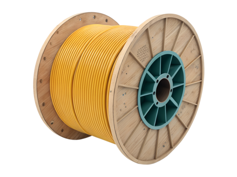 Yellow Network Cable on Wooden Spool. PNG