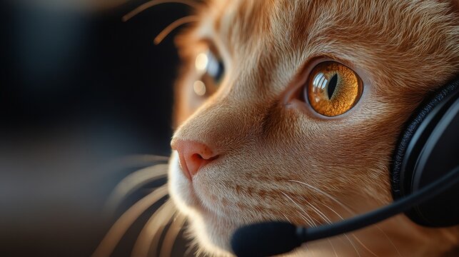 An adorable ginger cat wears a headset, staring intently with wide eyes, portraying an inquisitive yet charming personality in a cozy setting.