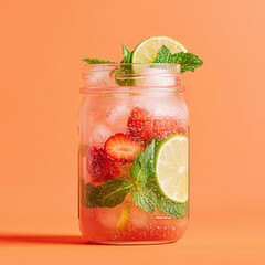 Mason jar filled with a refreshing strawberry mojito