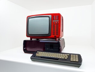 This image displays a retro computer terminal featuring a vibrant red monitor with ventilation panels and control buttons. The setup includes a vintage keyboard with beige and black keys, showcasing