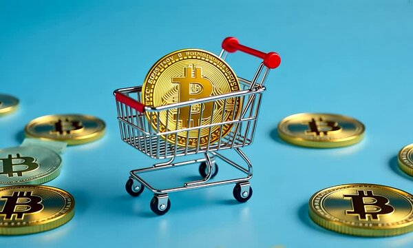 Golden bitcoins falling in shopping cart isolated on blue background 3d bit coins. 4k
