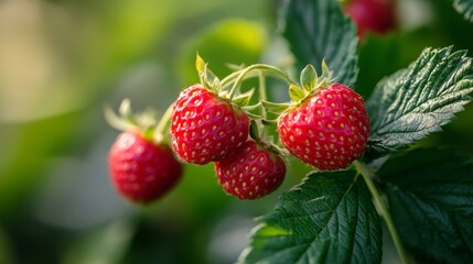 A vibrant close-up of a cluster of ripe strawberries nestled among lush green leaves, capturing the essence of fresh and natural summer produce.