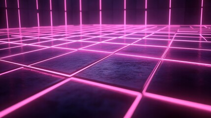 A striking composition featuring a grid of luminous pink neon tiles against a dark background, evoking a sense of retro futurism and digital innovation.
