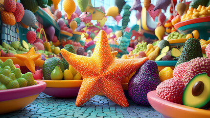 A digital 3d scene of starfruit and avocado arranged in a vibrant, whimsical market, with exaggerated colors and playful shapes. Whimsical Market. Illustration