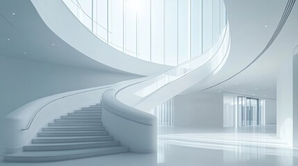 Obraz premium An elegant architectural marvel featuring a sweeping spiral staircase bathed in soft natural light, creating an ethereal and futuristic indoor environment.