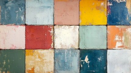 A vibrant artwork featuring colorful textured tiles arranged in a grid pattern, exuding a vintage charm with an array of complementary hues and shapes.