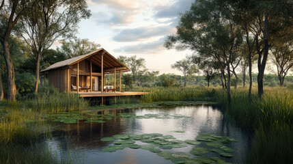 Obraz premium Zen Riverside Retreat Surrounded by Bamboo Forest