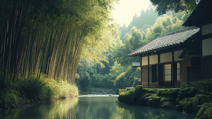 Fototapeta premium Modern Japanese Villa by a Stream with Bamboo Backdrop