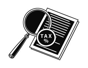 magnifying glass examining tax documents with a focus on tax percentage, representing financial analysis and auditing.