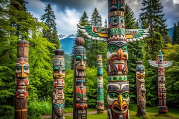 Majestic Totem Poles Stand Tall in Vancouver's Stanley Park, British Columbia, Canada