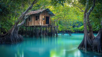 Rustic Treehouse on Stilts Overlooking Turquoise Waters