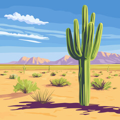 Desert Landscape with Cactus and Mountains Illustration