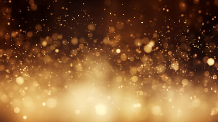 Particules scintillantes et brillantes volant sur fond sombre, noir. Lumière orangée, paillettes dorées et flou. Fond pour bannière, conception et création graphique.