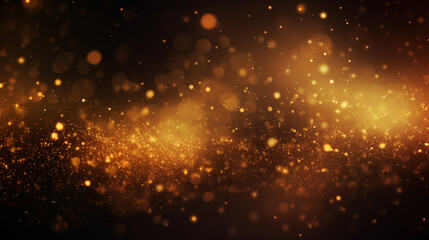 Particules scintillantes et brillantes volant sur fond sombre, noir. Lumière orangée, paillettes dorées et flou. Fond pour bannière, conception et création graphique.