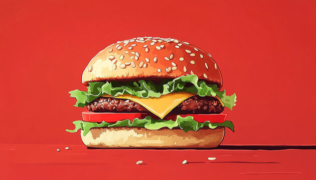 Juicy Cheeseburger with Vegetables on a Bright Red Background